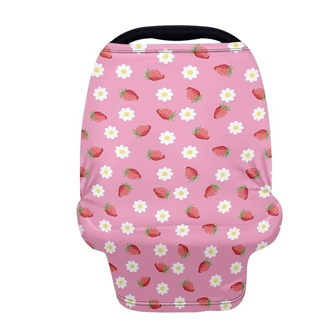 Carseat Cover for Babies, All Weather Breathable Infant Carseat Cover Lightweight Baby Carrier Cover for Girls Boys, Strawberry Daisy
