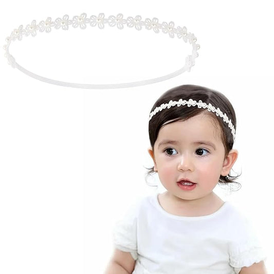 Adjustable Baptism Headband for Girl, White 15.75 inch Lace Baby Headband Baptism Hair Accessories for Girls, White Newborn Bow Flower Christening Hairband with Pearl for Toddlers Baptism
