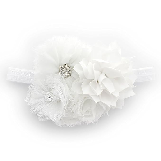My Lello Headband Shabby Fabric Flower Cluster Baby - Infant - Toddler - Girl Stretchy Elastic White