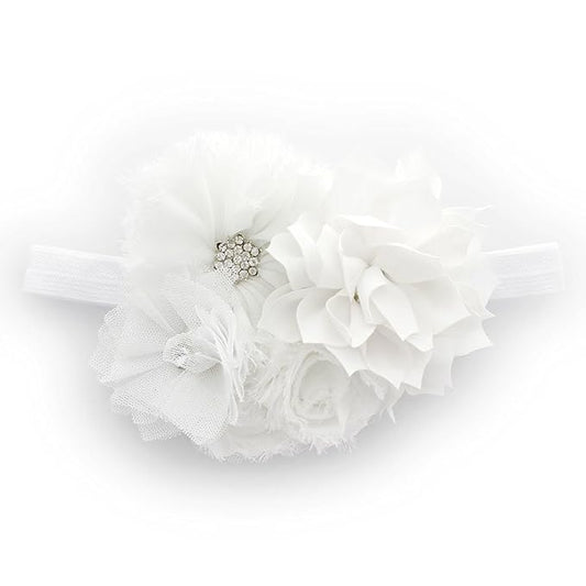 My Lello Headband Shabby Fabric Flower Cluster Baby - Infant - Toddler - Girl Stretchy Elastic White