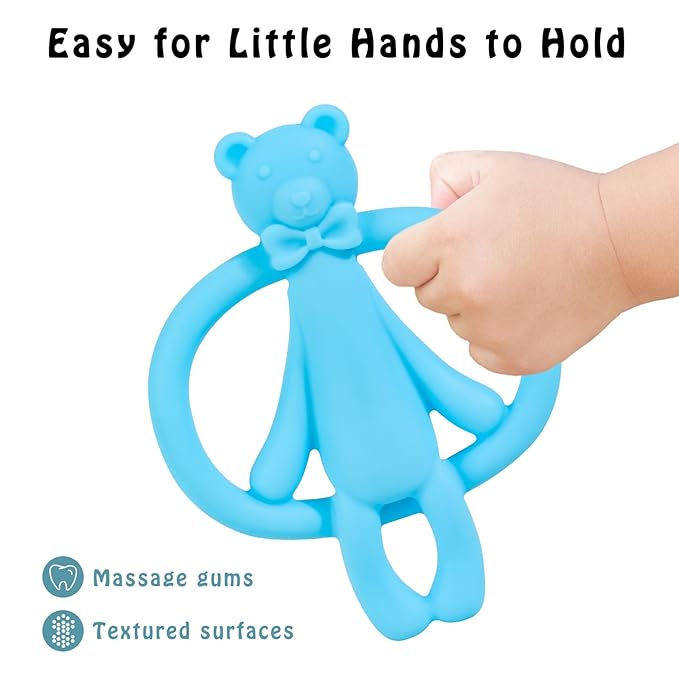 2 Pack Baby Teething Toys for 0-6 6-12 Months, Silicone Baby Bear Teether, Easy to Grip Teether for Babies Infants Boys Girls, BPA Free, Blue and Yellow
