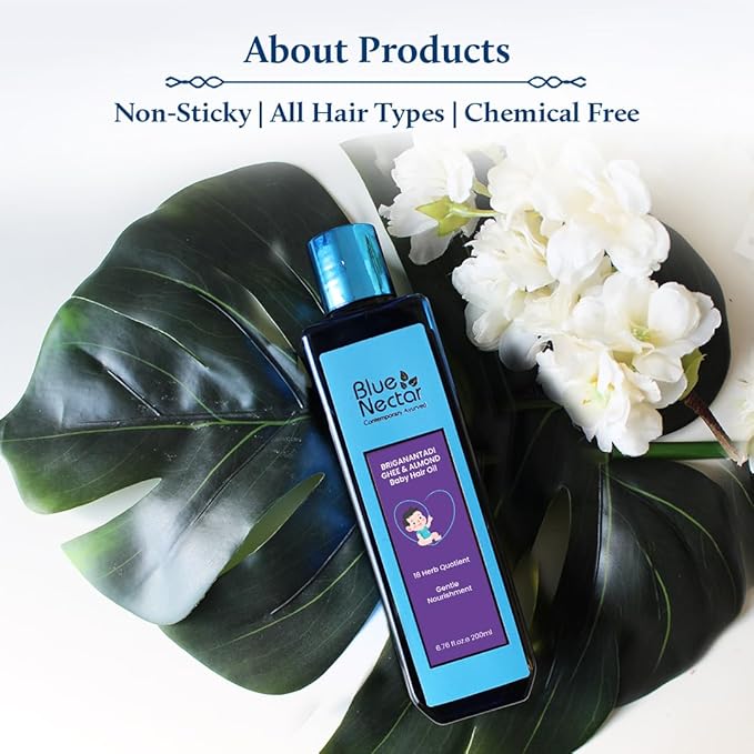 Blue Nectar Ayurvedic Baby Hair Oil with Coconut & Almond | Natural Herbal Kids Hair Oil for Soft, Gentle Scalp Care | Baby Care Essential (18 Herbs, 100 ml)