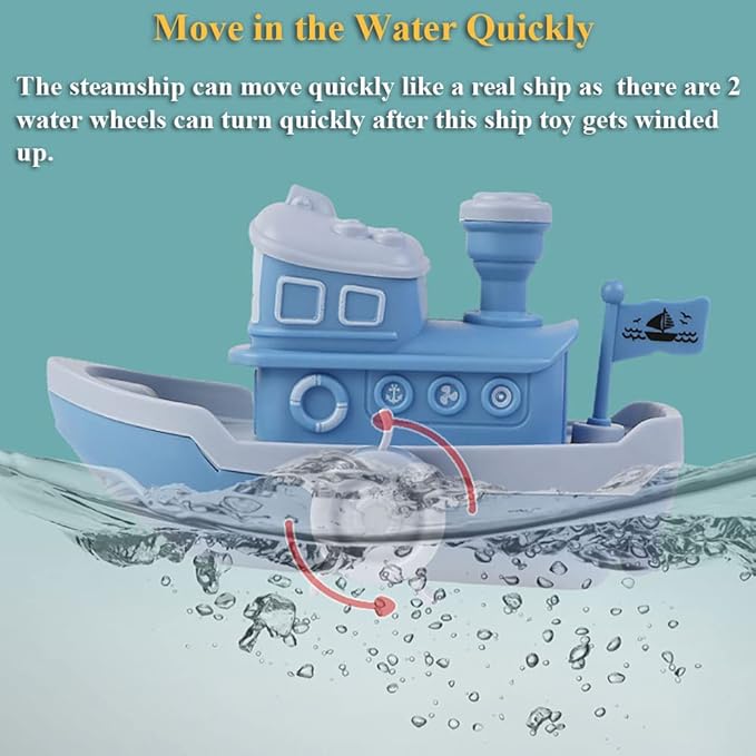 Wind-up Ship Bath Toy – Funny Wind-up Steamship Clockwork Steamboat (Blue)