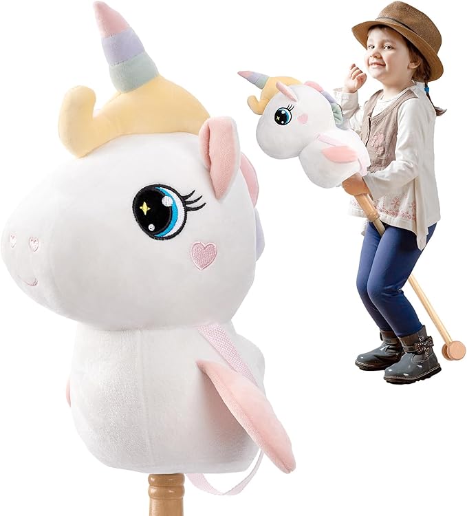 FUNLIO Unicorn Stick Horse for Kids 3+, Rainbow Fairy Hobby Horse with Soft Plush & Wood Wheels, Neighing and Galloping Sound for Pretend Play & Creativity, Horse Toys Gift, CPC & CE Certified - White