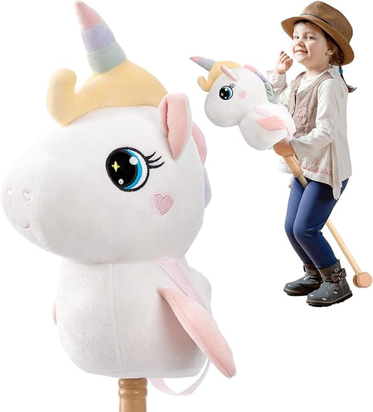 FUNLIO Unicorn Stick Horse for Kids 3+, Rainbow Fairy Hobby Horse with Soft Plush & Wood Wheels, Neighing and Galloping Sound for Pretend Play & Creativity, Horse Toys Gift, CPC & CE Certified - White