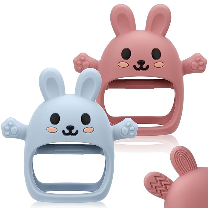 Easter 2 Pack Baby Teething Toys for 3-6 6-12 Months, Soft Silicone BPA Free Bunny Teething Mitten, Easter Basket Stuffers Chew Teether Toys 0-3 6 9 12 Months for Babies Sucking Needs