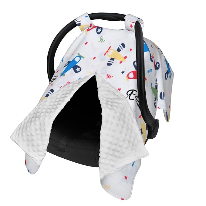 Personalized Little Plane Baby Car Seat Canopy for Babies with Name, Custom Car Seat Covers for Boys Girls, Peekaboo Opening Minky Nursing Breastfeeding Cover Infant Stroller Canopies for Newborn