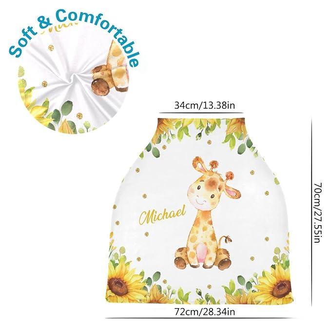 Personalized Baby Car Seat Covers with Name, Custom Nursing Cover Breastfeeding for Babies, Carseat Canopy for Girls and Boys, Infant Stroller Cover, Breathable Carseats Cover (Giraffe Sunflower)
