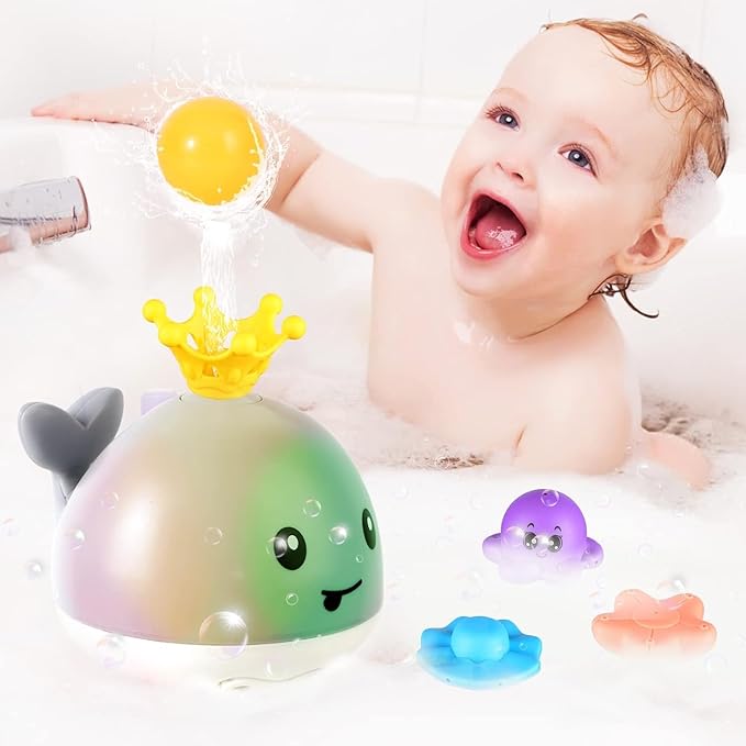 Gigilli Baby Bath Toys with 4 Modes, Bath Toys for Kids Ages 1-3, 1 Year Old Boys Girls, Easter Basket Stuffers for Babies 6-12-18 Months, Light Up Whale Bath Toy Toddler Birthday Bathtub Toy