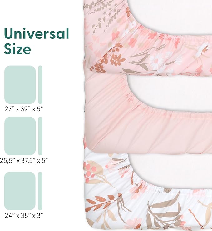 The Peanutshell 3 Pack and Play Crib Sheets Fitted - Universal Pack N Play Sheets for Pack and Play Mattress, Soft & Breathable Playard Bedding for Graco, Mini Crib Sheets Girl Fitted, Pink Floral