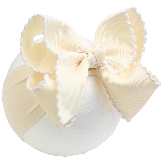 6'' Jumbo Beige Baby Girls Bow Headbands, Handmade Grosgrain Moonstitch Boutique Baby Headwraps, Super Stretchy Soft Nylon Headbands for Newborns, Infants & Toddlers