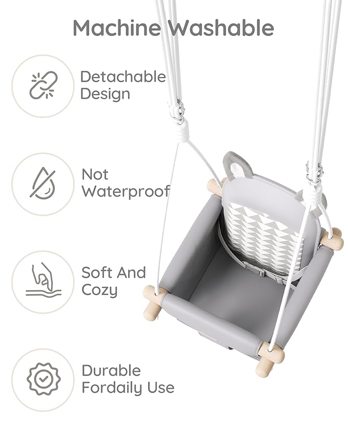 Wooden Hanging Baby Swing with Soft Safety Belt, Cozy Infant Swing Seat for Indoor & Outdoor Use, Adjustable Height, Includes Mounting Hardware – Suitable for Babies & Toddlers（Fox-Themed in Gray