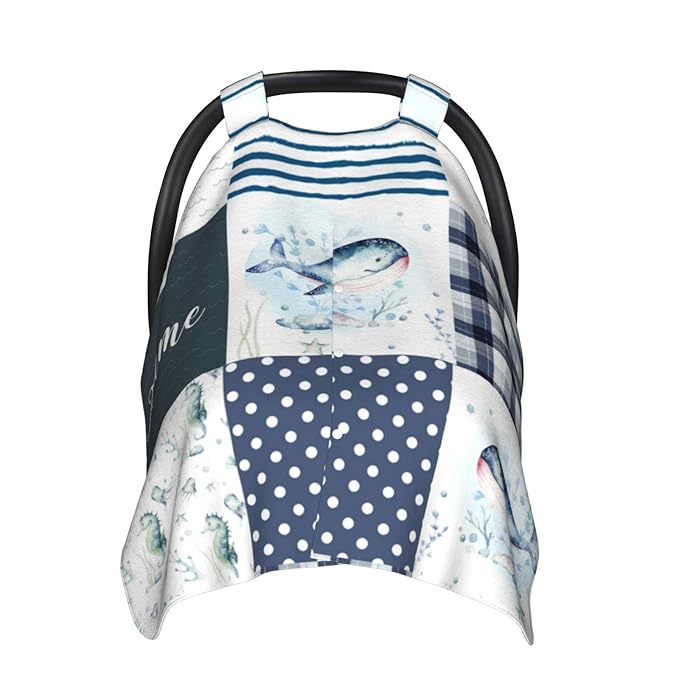 Personalized Whale Sea Life Baby Car Seat Canopy for Babies with Name, Custom Car Seat Covers for Boys Girls, Opening Minky Nursing Breastfeeding Cover Infant Carseat Canopies for Newborn