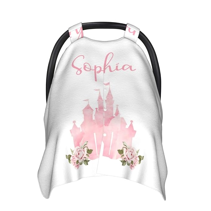 Custom Baby Car Seat Canopy with Name, Personalized Stroller Baby Car Seat Covers for Girls, Minky Nursing Carseat Cover for Breastfeeding, Car Seat Canopies for Infant Newborn(Floral Castle)