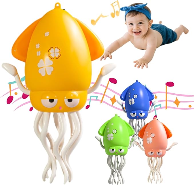 Interactive Dancing Squid Toy - Smart Obstacle-Dodging, USB Rechargeable LED Lights & Music, Sensory Tummy Time Toy for Toddlers (Yellow)