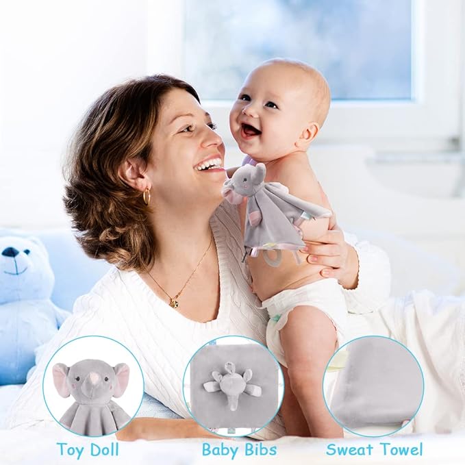 Vicloon Elephant Baby Plush Security Blanket with Tags&Teether, Blanket for Boys&Girls, Hang on Nursery Strollers, Cribs, Car Seats (Grey)