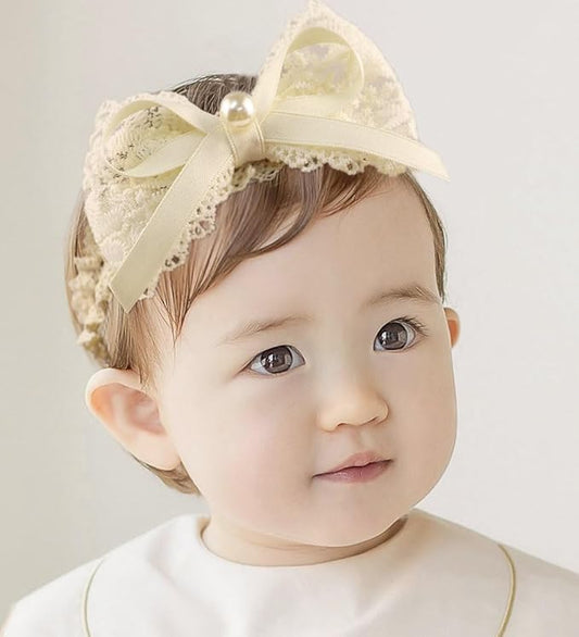 Cute Baby Girl Lace Headband Lace Bow Hair Accessories Elastic Bow Head Wrap for Newborn Infant Toddler Christening Baptism Party Hair Accessories for 0-36 Months (Ivory A, Free)
