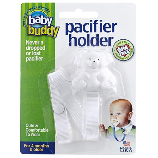 Baby Buddy Bear Pacifier Holder Clip Snaps to Paci, Teether, Toy, Clips onto Baby's Shirt, Pacifier Clip For Babies 4 Months and Up/Toddler Boys & Girls, Pacifier Holder, White, 1 Pack