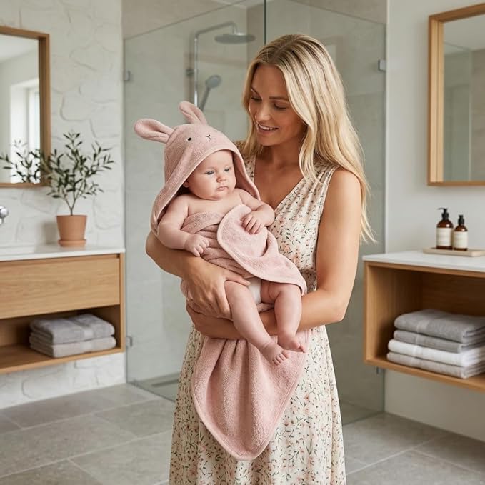 Hooded Baby Towel - 100% Organic Cotton Baby Bath Towels – Baby Towels, Baby Bath Towels for Baby Girl, 32" x 32" Super-Soft and Absorbent Baby Towels for Newborn (Rabbit - Blush)