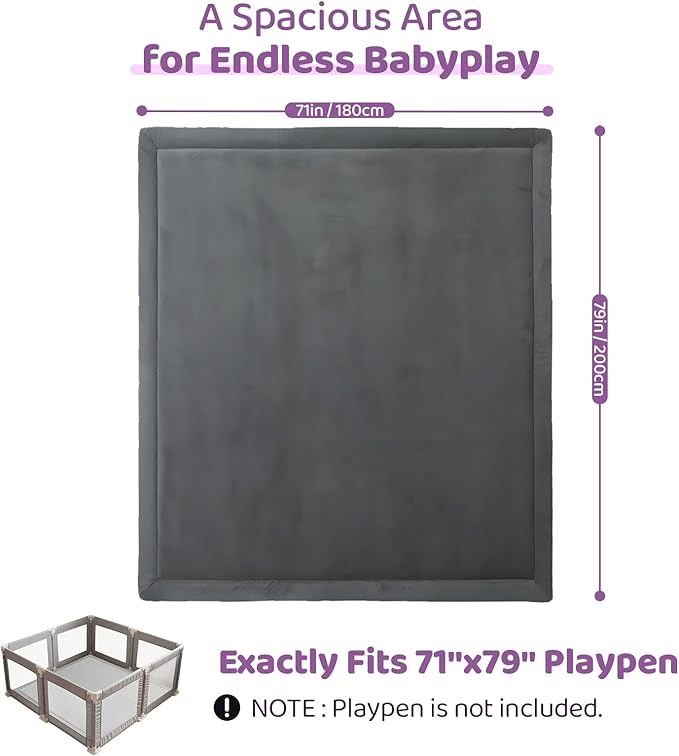 Baby Play Mat for Floor, 1.3 Inch Thick Memory Foam Tummy Time Mat with Non Slip Backing, Soft Coral Velvet 71X79 Inch Playpen Mat Crawling Tatami for Infants Toddlers Kids, Dark Gray