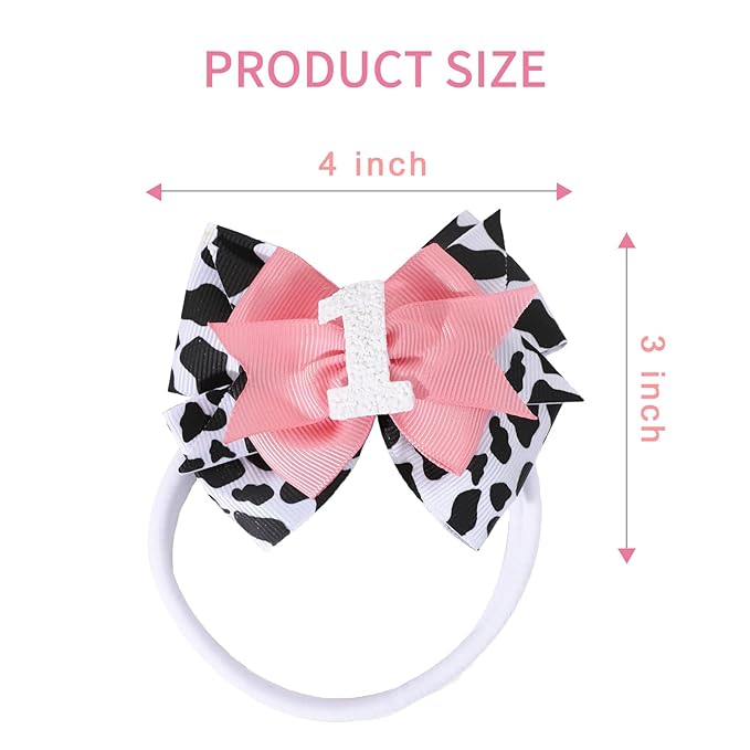 Birthday Hair Bow for Baby Girls - 2Pc Pink Sprinkle Hair Clips for 2nd Birthday Glitter Ice Cream Baby Bow Party Decorations for Girls Toddlers Hair Accessories (Cow Print -1 Year)