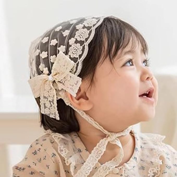 Baby Girls Lacy Bow Headband Soft Breathable Lace Hairband for Toddlers Infant Baptism Christening Beanie Cap Wide Turban Wedding Party Shower Gifts (Style 5)