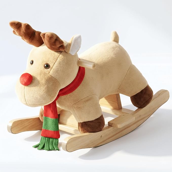Rocking Horse Baby, Plush Stuffed Rocking Toy for 1-3 Year Old Toddlers, Wooden Reindeer-Shaped Rocking Toy, Apricot Reindeer