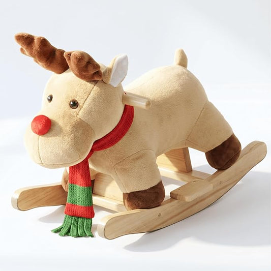 Rocking Horse Baby, Plush Stuffed Rocking Toy for 1-3 Year Old Toddlers, Wooden Reindeer-Shaped Rocking Toy, Apricot Reindeer