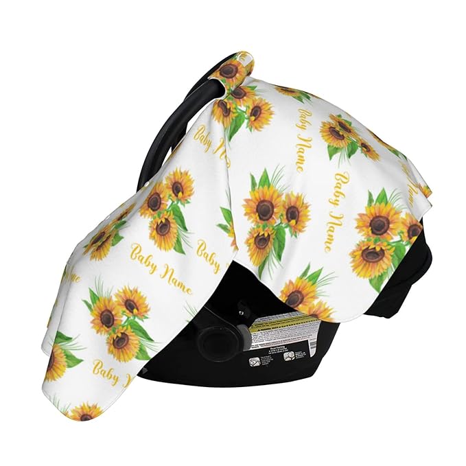 Personalized Sunflower Baby Car Seat Canopy for Babies with Name, Custom Car Seat Covers Boys Girls, Peekaboo Opening Minky Nursing Breastfeeding Cover Infant Car Seat Canopies for Newborn