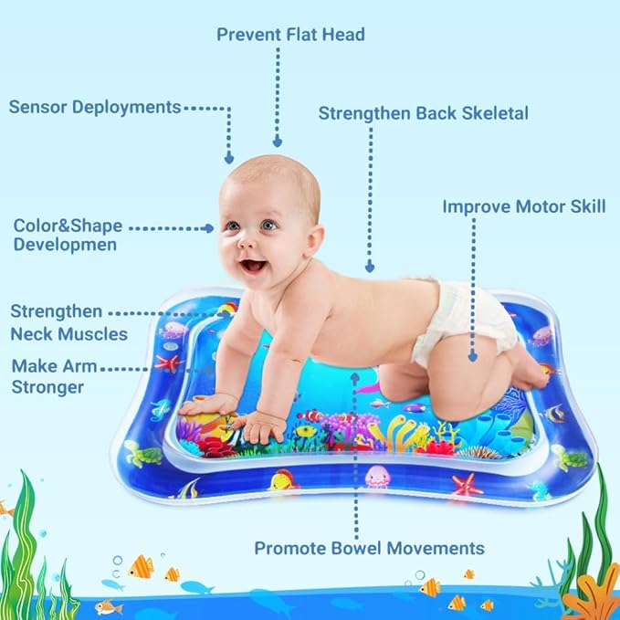 ZMLM Tummy Time Water Mat for Babies: Baby Toys Gifts for Newborn Infant 3 6 9 12 Month Boy Girl Inflatable Activity Playmat Sensory Mat Toddler Belly Time Pat Indoor (Blue)