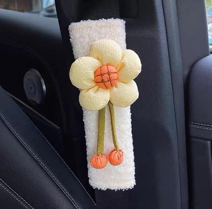 BNTR Car Seat Belt Cover Stocking Stuffers Cute Creative Toy Flower Cloud Duck Safety Seatbelt Shoulder Pad Auto Accessory Neck Cushion Protector Seatbelt Shoulder Protector Nice Gift (White Flower)