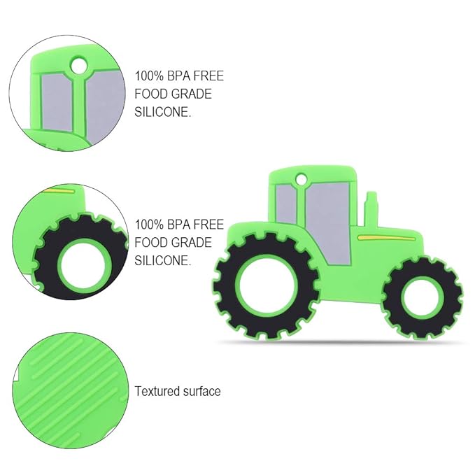 Car Series Baby Teething Toys,Food Grade Silicone Chew Teether for 3 Months+ Infant Boy and Girl,Toddler Sensory Chewing Teether,BPA Free. (Tractor, Green)