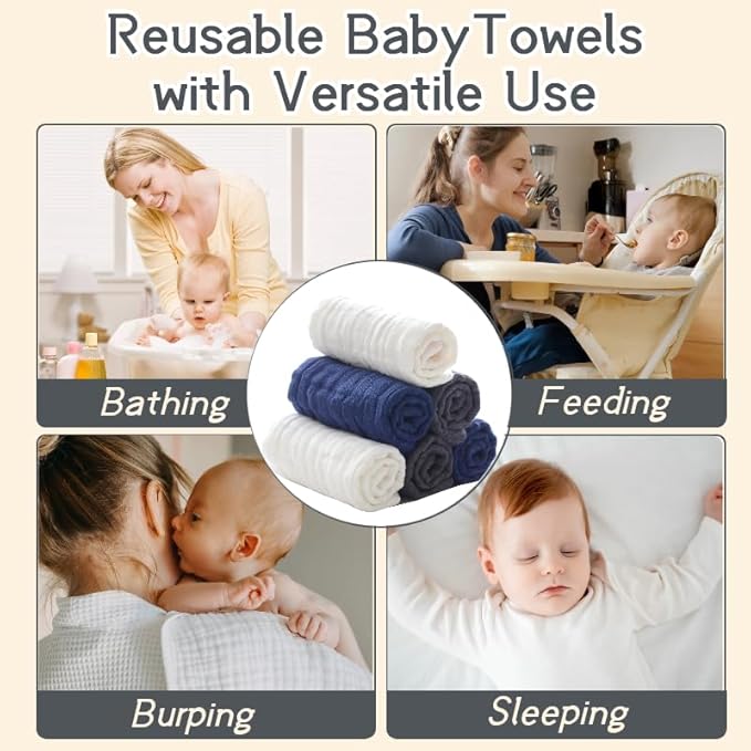 MUKIN Small Baby Washcloths, Soft Face Cloths, Newborn Absorbent Bath Wipes, Burp Cloths or Muslin Cotton Towels, Pack of 6, 12x12 inches (White,Dark Gray,Royal Blue)