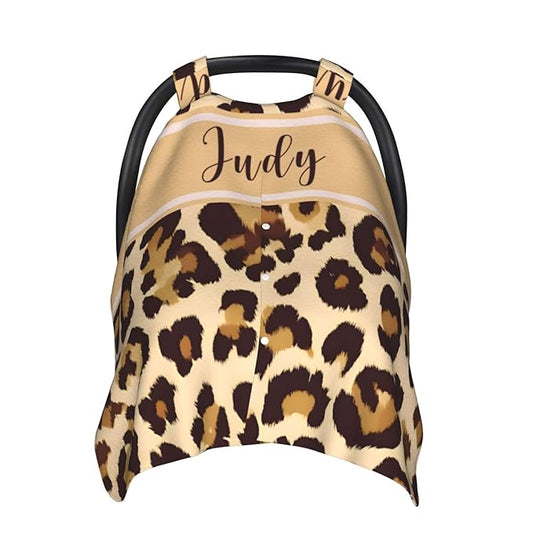 Custom Baby Car Seat Cover with Name – Personalized Leopard Print Nursing Cover, Infant Carseat Canopy, Shopping Cart Cover – Soft, Breathable & Warm – Ideal Shower Gift for Baby Girls