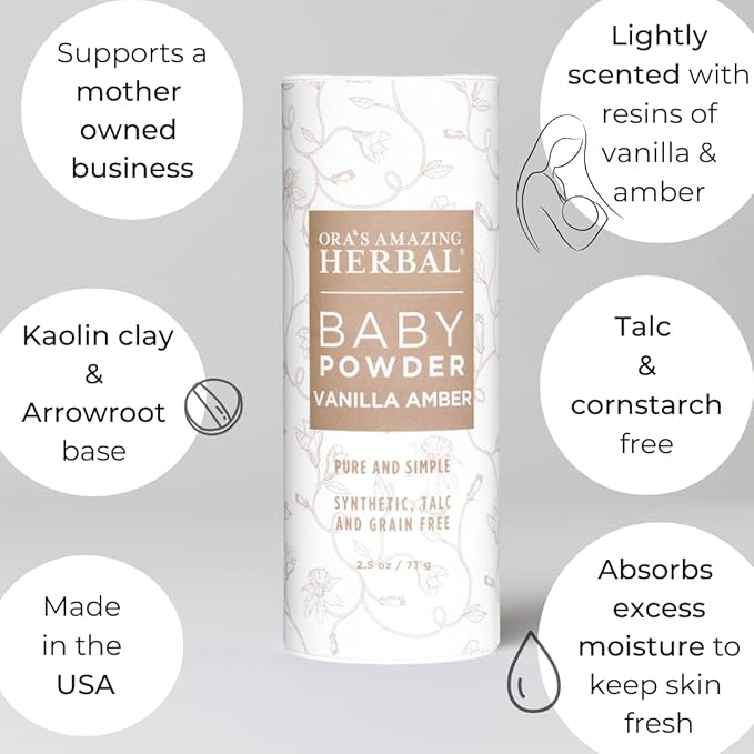 Baby Powder Talc-Free, Real Vanilla Amber Natural Scent, Cornstarch Free Arrowroot and Clay Based Powder, Synthetic Fragrance Free, Ora's Amazing Herbal, Pack of 2 Travel Size 0.5 oz