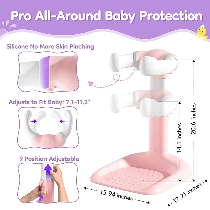 Upgraded Baby Shower Stand with Anti-Pinch Silicone & Anti-Slip Base, Adjustable Height Soporte para Bañera de Bebé, Baby Bath Standing Support Assist Holder for 6-36 Months Toddler, Ideal Gift, Pink