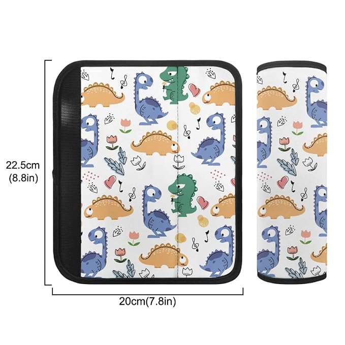 ENLACHIC Baby Car Seat Belt Cover, Cute Dinosaur Print Car Seat Shoulder Strap Pads, Infant Car Seat Cushion Safety Seatbelt Protector for Kids Boys Girls,Blue Yellow Dinosaurs