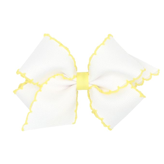 Wee Ones Girls' Classic Grosgrain Moonstitch Edge Hair Bow, No-Slip Hair Clip, Handmade, White with Light Yellow, Small