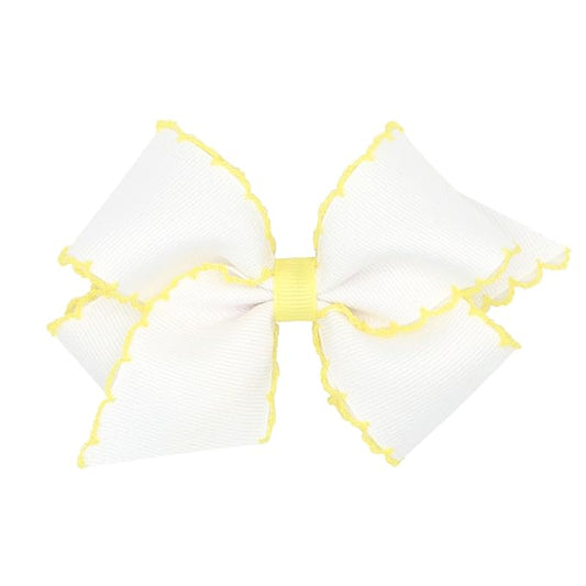 Wee Ones Girls' Classic Grosgrain Moonstitch Edge Hair Bow, No-Slip Hair Clip, Handmade, White with Light Yellow, Small
