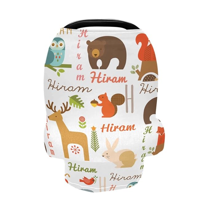 Personalized Name Car Seat Covers for Baby Girl Boy, Customized Infant Summer Carseat Cover, Breathable Stroller Canopy, Newborn Sun Shade Cover, Nursing Cover Breastfeeding Scarf, Cute Animal