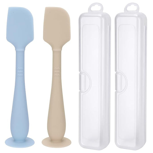 2 Pack Diaper Cream Spatula with Hygienic Travel Case, Butt Spatula Baby with Suction Base, Baby Butt Paste Spatula, Soft Silicone Diaper Rash Cream Applicator Large Size (Blue & Offwhite)