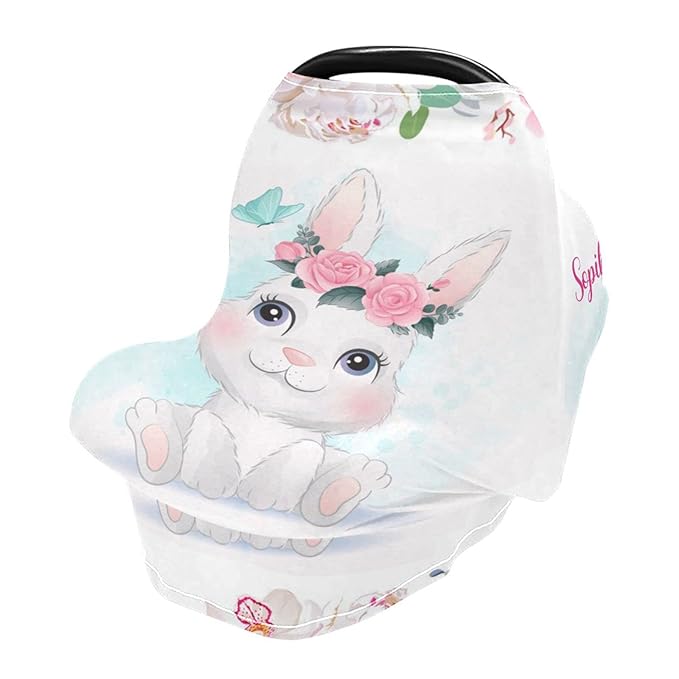 Personalized Baby Car Seat Covers with Name, Custom Nursing Cover Breastfeeding for Babies, Carseat Canopy for Girls, Infant Stroller Cover for Winter, Breathable Carseats Cover (Cute Rabbit)