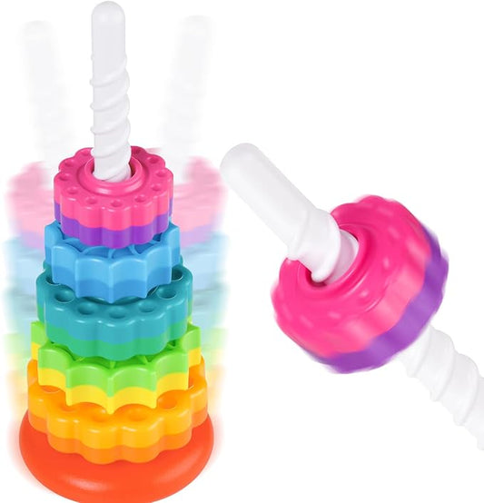 Spinning Stacking Toy for Kids, Rainbow Tower Dual-Color Spinning Wheels Premium Strong BPA-Free ABS Plastic Early Education Fun Learning and Engaging Brain Development Toys (Small)