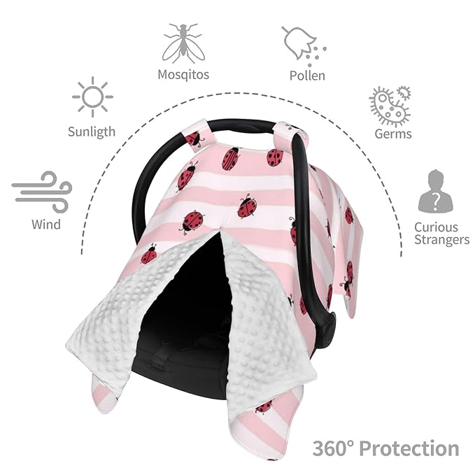 KiuLoam Cute Ladybug On Stripe Baby Car Seat Canopy, Nursing Cover for Mom Breastfeeding Scarf, Infant Car Seat Cover/Multiuse Baby Stroller Covers for Babies Boys Girls