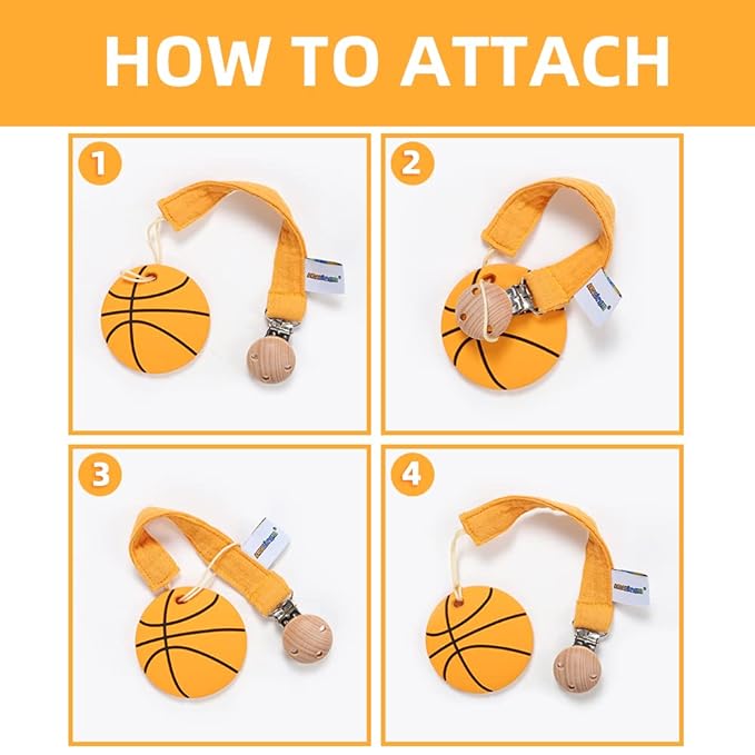 Baby Food Grade Silicone Sports Shape Teether Toy with Pacifier Clip Holder,Teething Pain Relief Toys Gift Set for 3 Months+ Boys and Girls,Freezer Safe,BPA Free (Basketball)