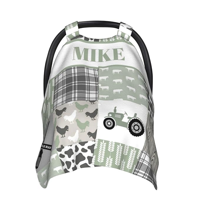 Personalized Baby Car Seat Canopy for Babies, Custom Name Car Seat Covers for Boys and Girls, Opening Minky Nursing Breastfeeding Cover for Infant, Carseat Canopies for Newborn (Farm Theme)
