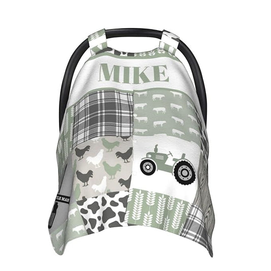 Personalized Baby Car Seat Canopy for Babies, Custom Name Car Seat Covers for Boys and Girls, Opening Minky Nursing Breastfeeding Cover for Infant, Carseat Canopies for Newborn (Farm Theme)