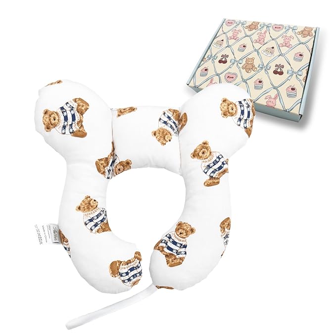 Toddler Travel Comfort Pillow for Car Seat and Stroller, Soft U-Shape Reversible Seat Accessory for Baby, Brown Bear