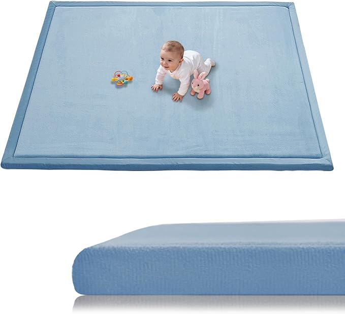 Baby Play Mat for Floor, 1.3 Inch Thick Memory Foam Tummy Time Mat with Non Slip Backing, Soft Coral Velvet 50×50 Inch Playpen Mat Crawling Tatami for Infants Toddlers Kids, Midnight Blue