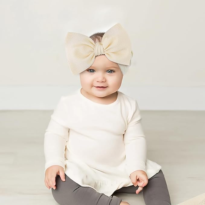 YanJie 3PCS 7'' Big Bows Baby Girls Headbands Soft Stretchy Newborn Bows Infant Baby Hair Bows Toddler Headwrap Hair Accessories Khaki Beige Light Pink